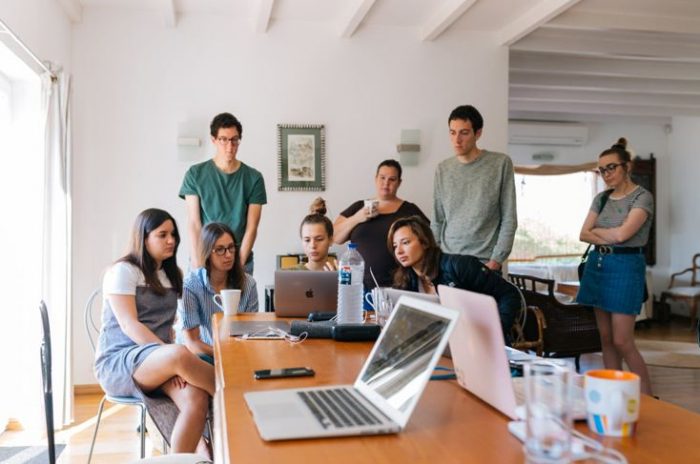 A team having a meeting at a workplace